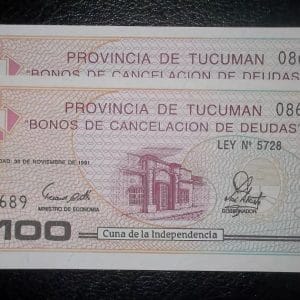 Argentina - 100 Australes 1991 - Tucuman - Bono de Cancelacio de Deudas - (unc) X2 Correlativos